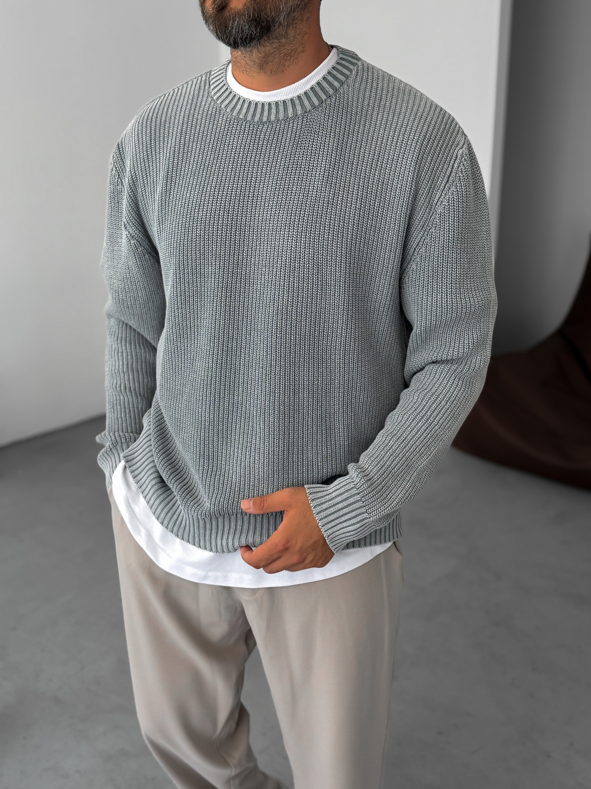 Gray Washed Oversized Knitted Sweater
