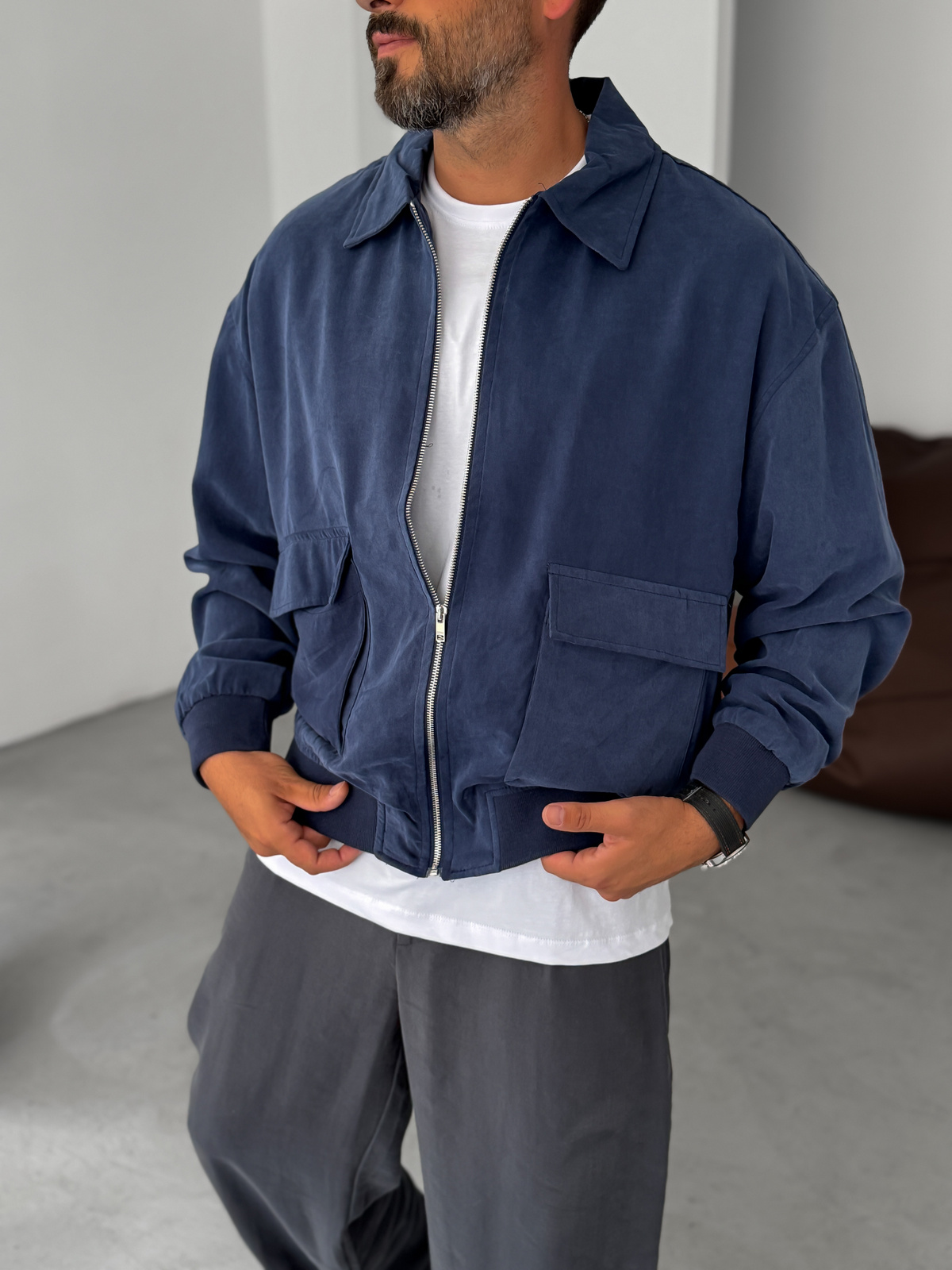 Navy Blue Tencel Fabric Washed Double Pocket Jacket