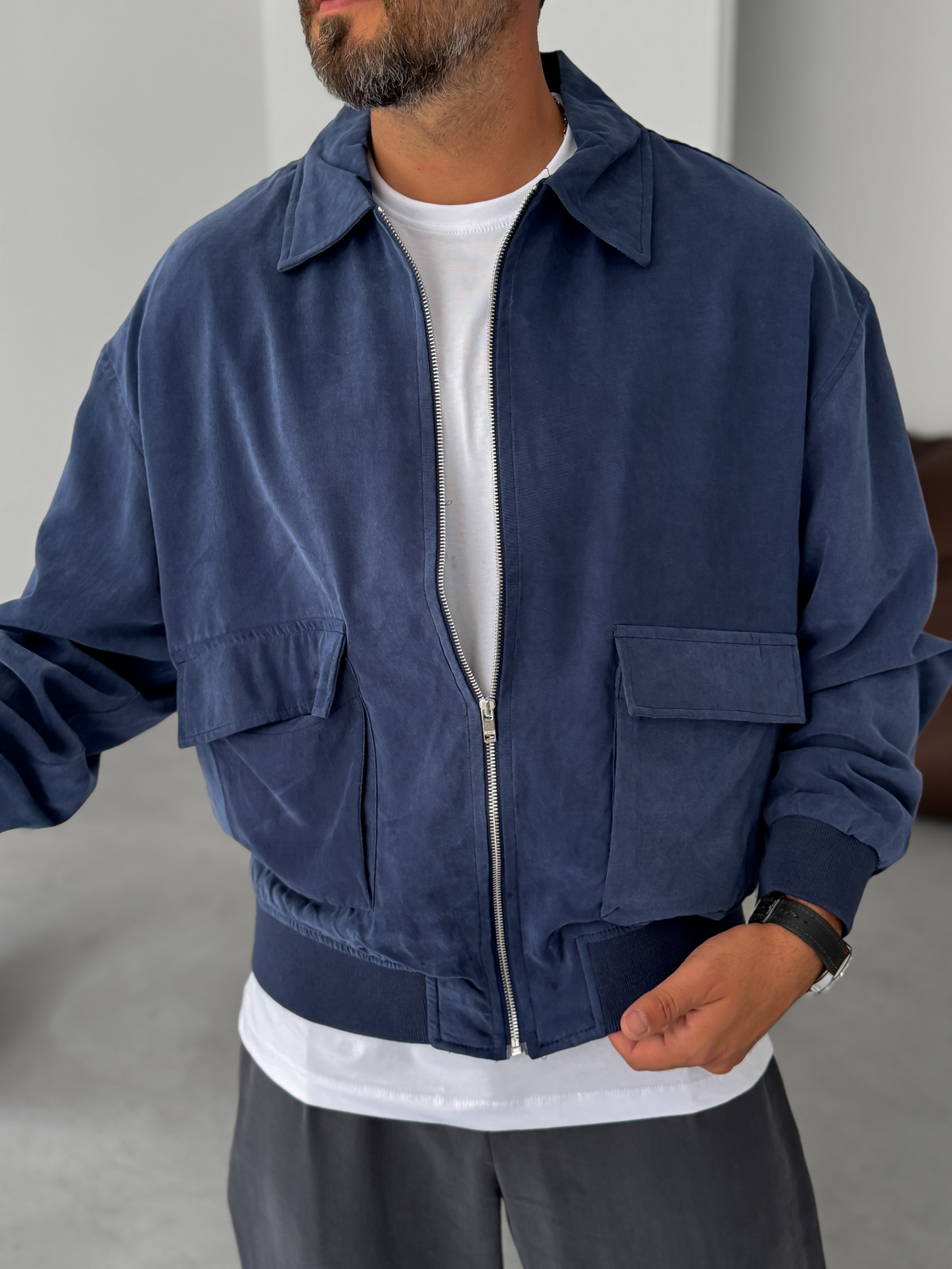 Navy Blue Tencel Fabric Washed Double Pocket Jacket