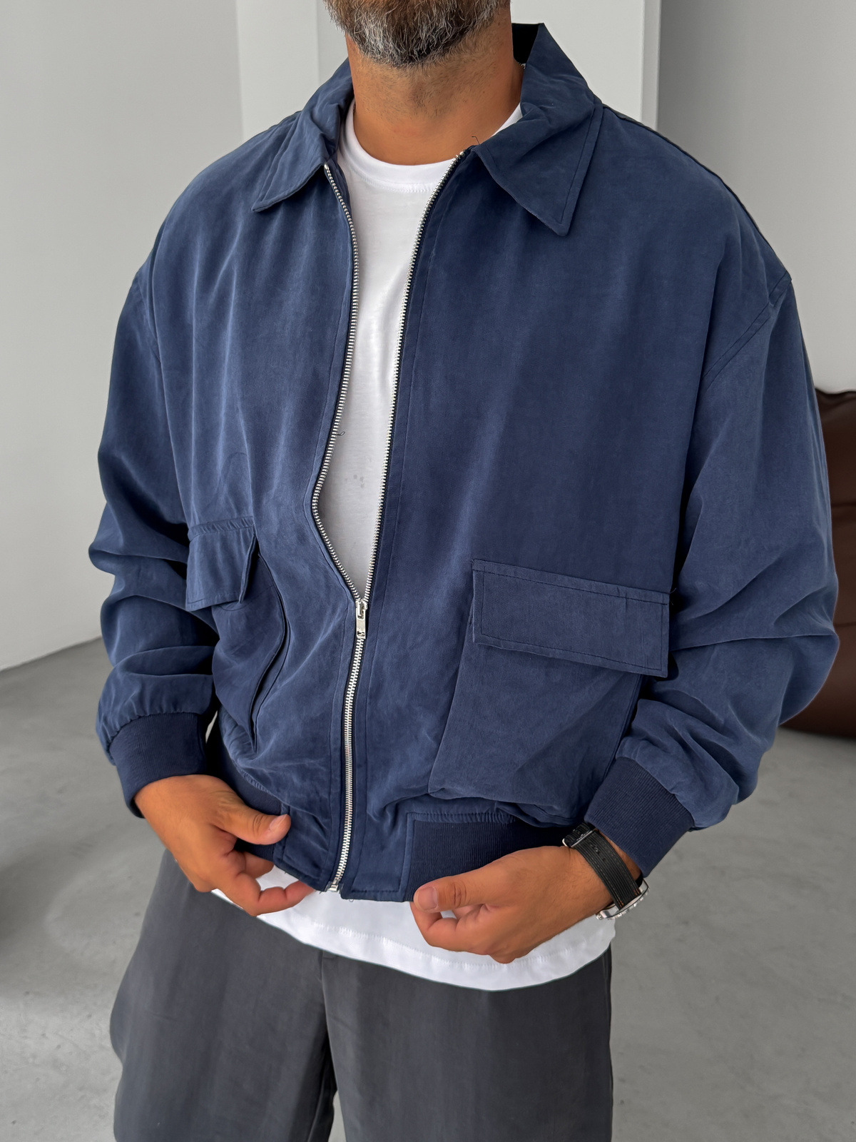 Navy Blue Tencel Fabric Washed Double Pocket Jacket