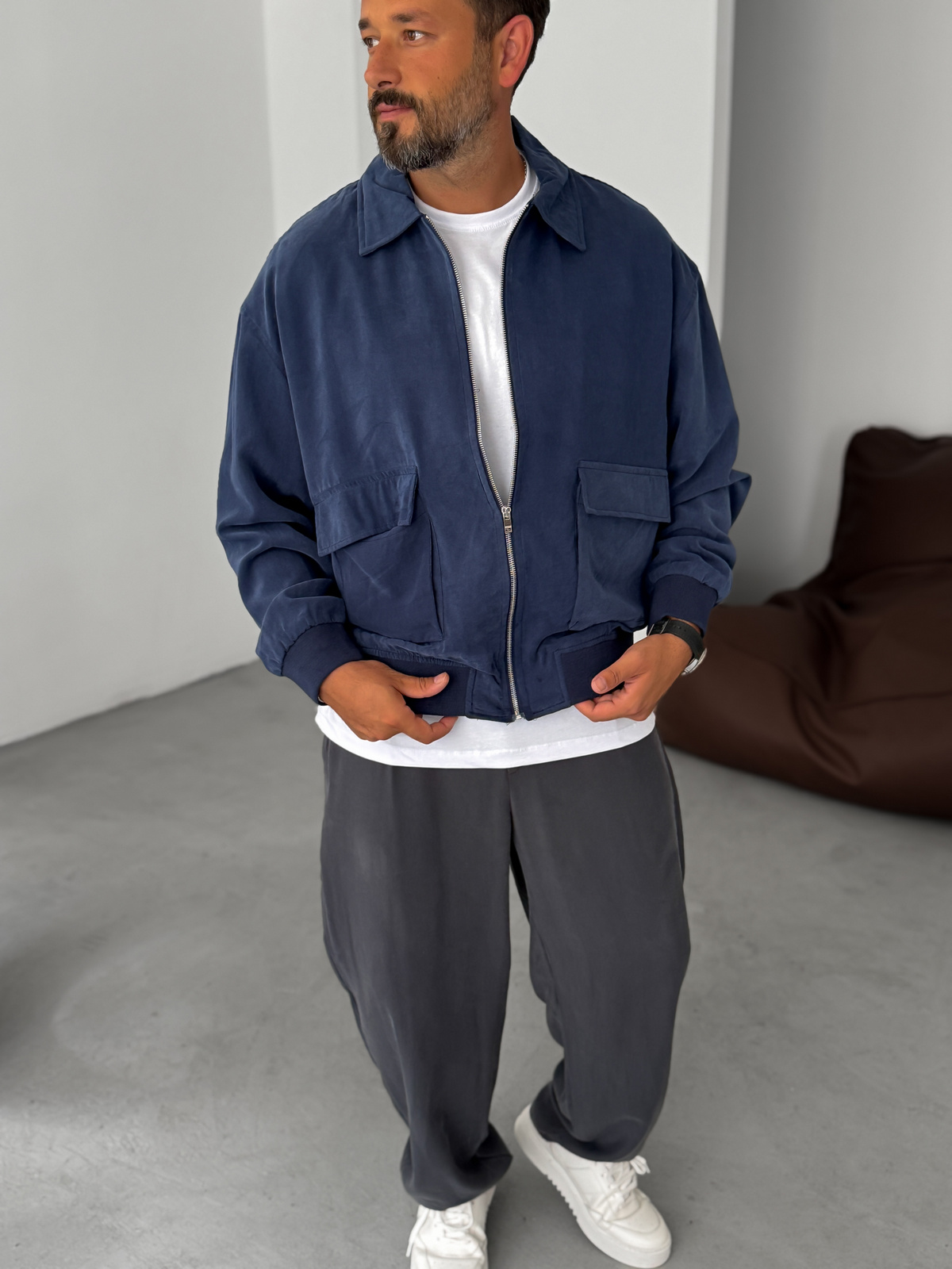 Navy Blue Tencel Fabric Washed Double Pocket Jacket