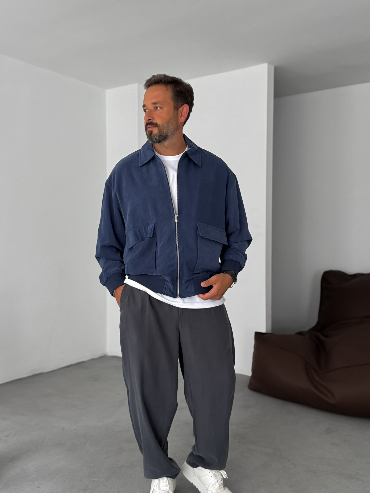 Navy Blue Tencel Fabric Washed Double Pocket Jacket