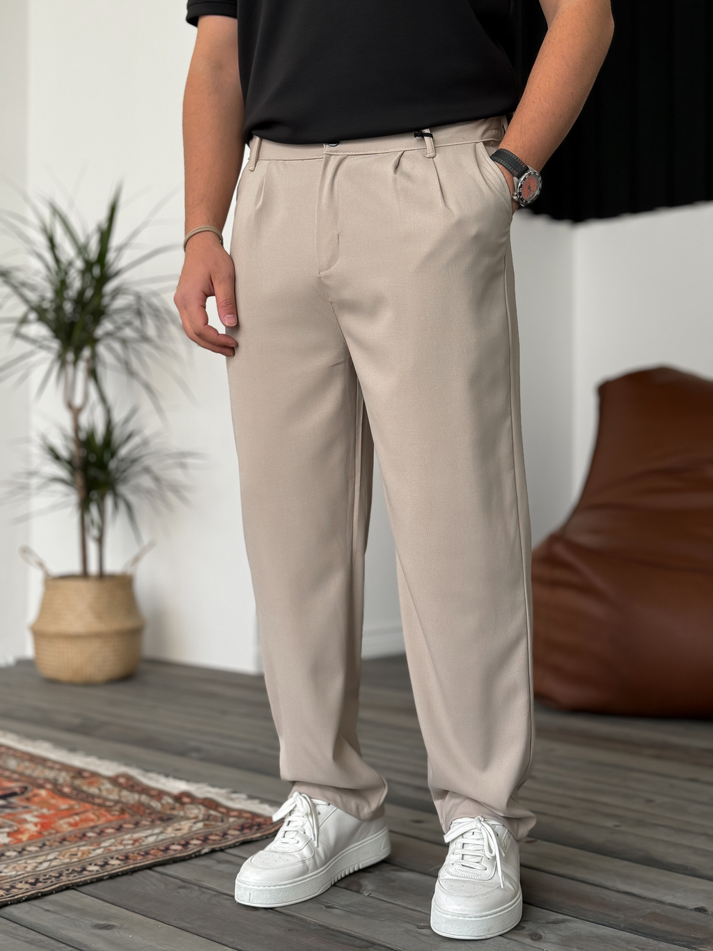 Beige Loose Fit Fabric Trousers