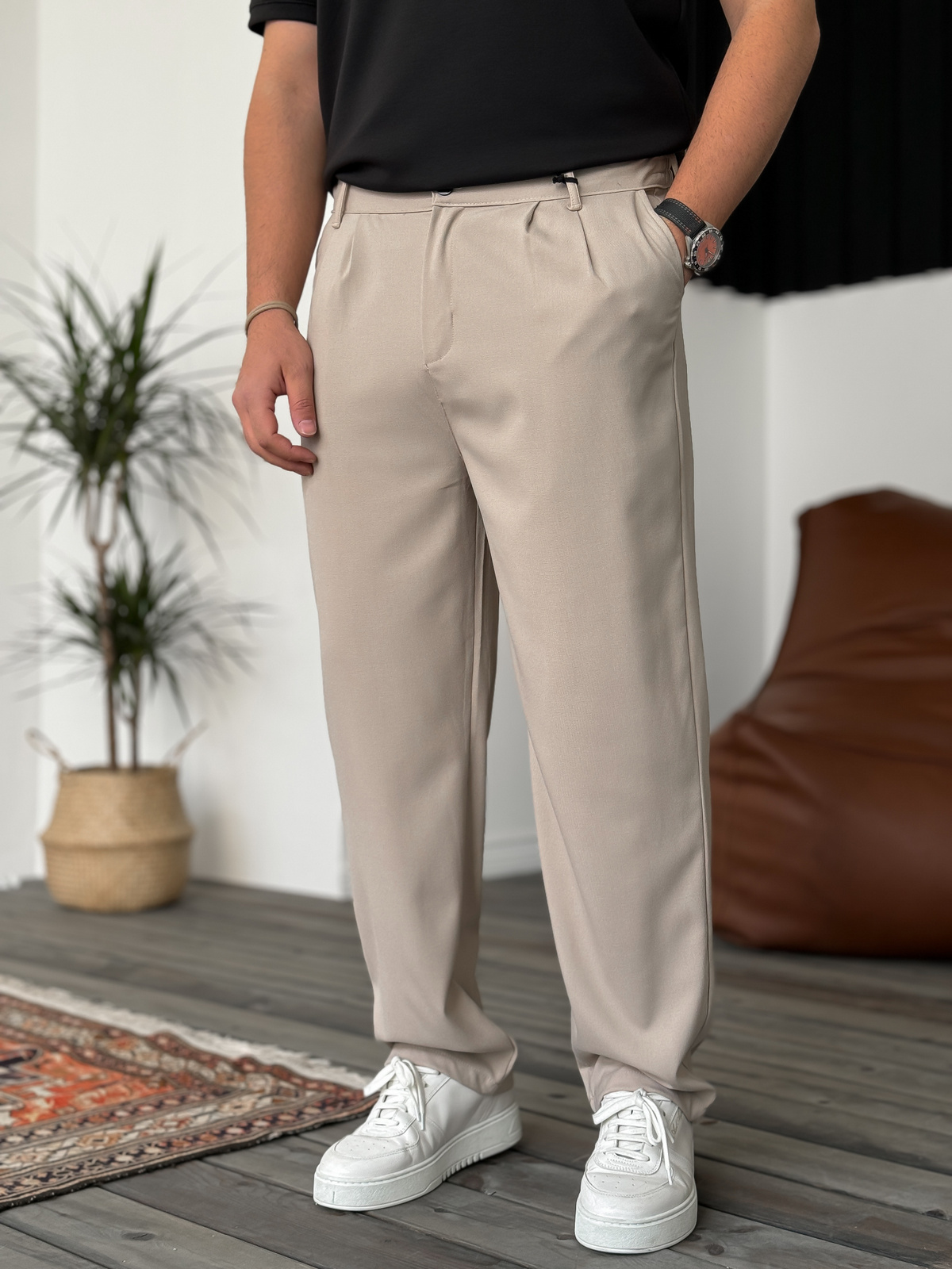 Beige Loose Fit Fabric Trousers