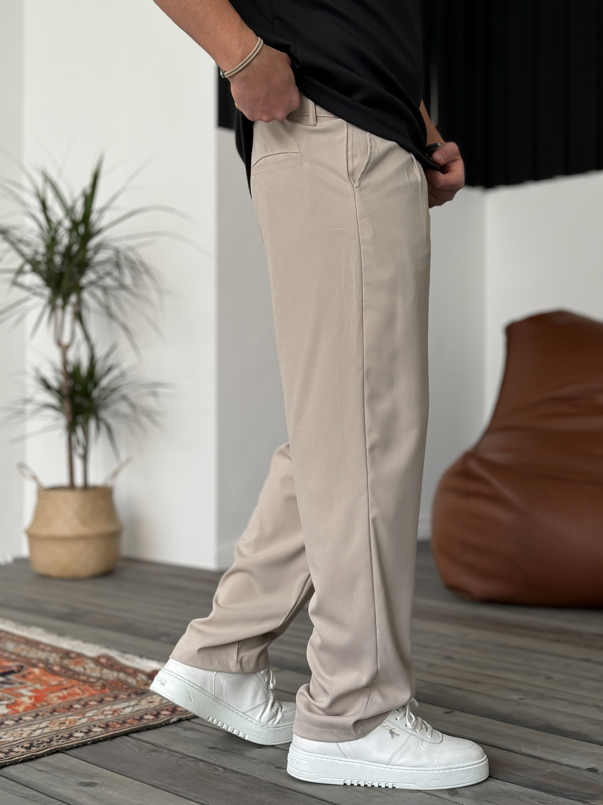 Beige Loose Fit Fabric Trousers
