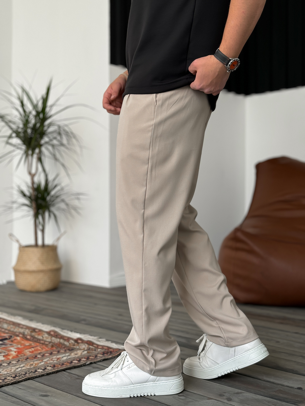 Beige Loose Fit Fabric Trousers